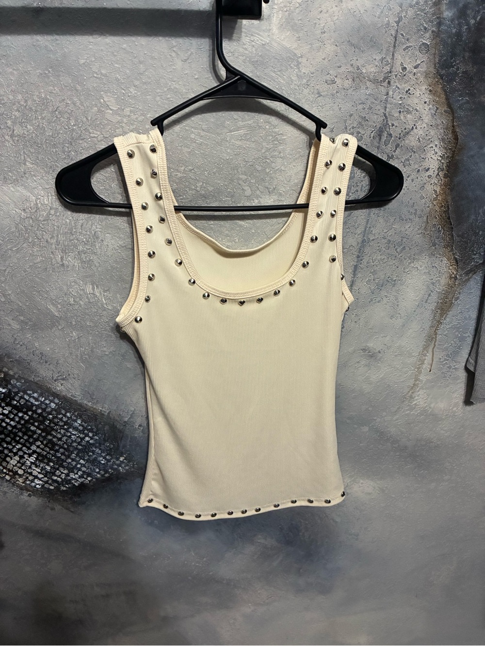 Stud-Trim Cream Ribbed Tank Top